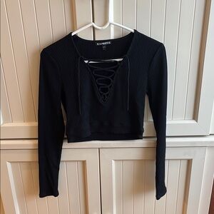 Express Black Lace-Up Ribbed Crop Top